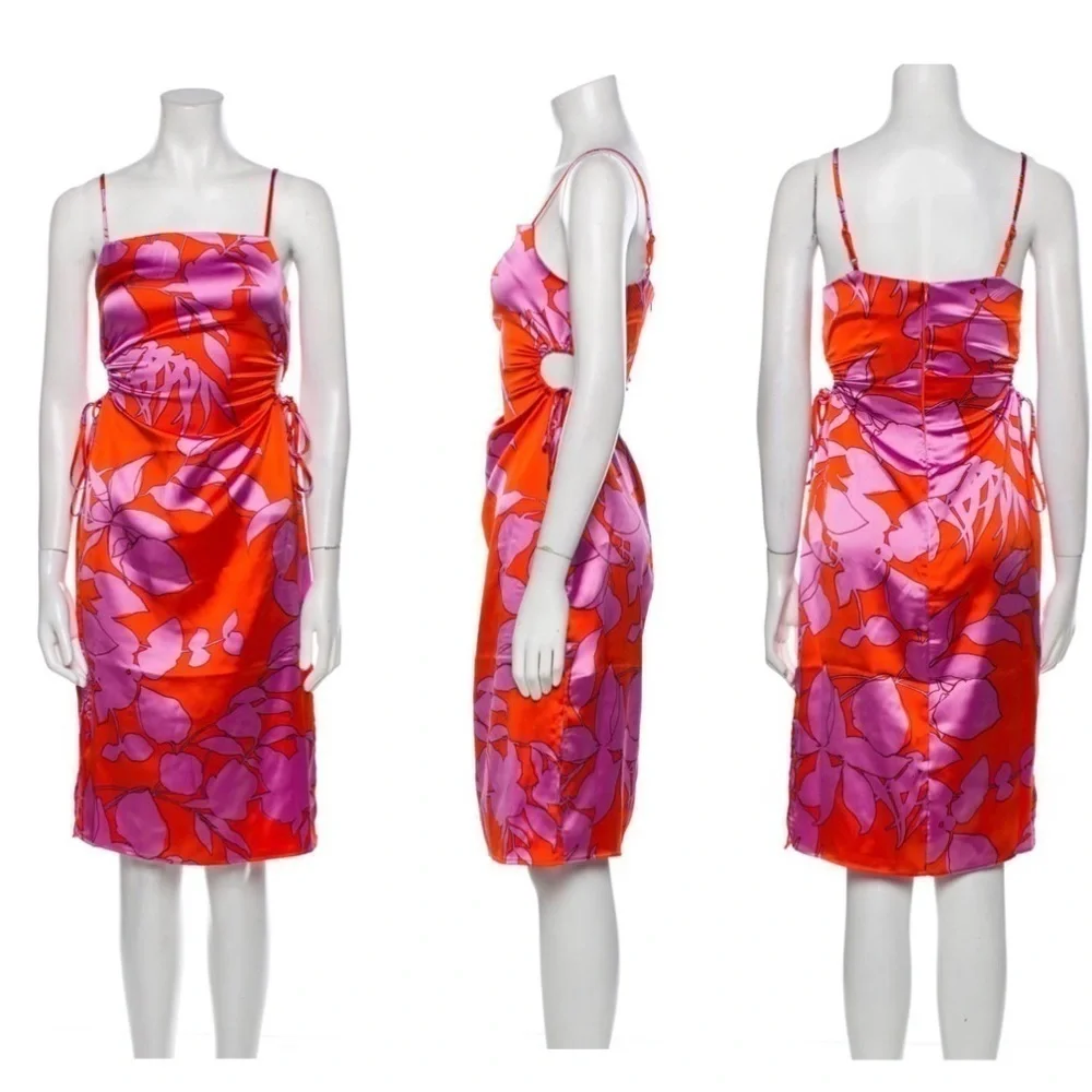 CHRISTIAN Lacroix Floral Print Knee-Length Satin Keyhole Cutout Slip Dress